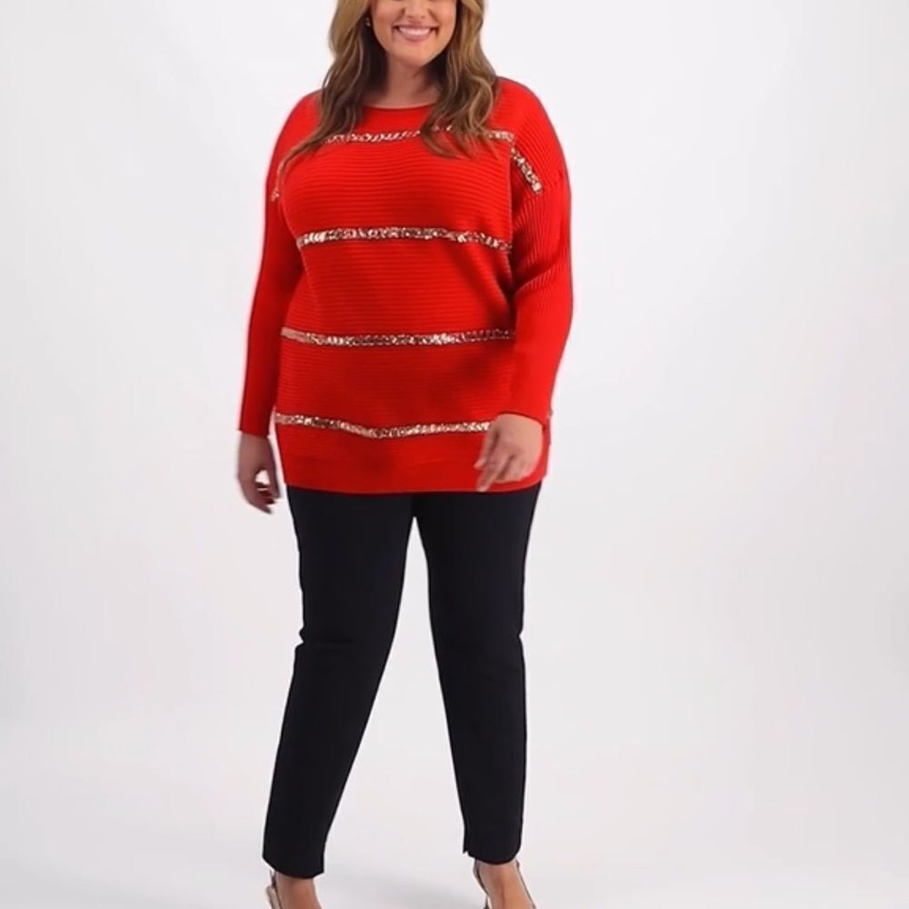 JM Collection Sequin Stripe Long-Sleeve Sweater Red 2X NWT IN PACKAGE